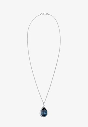 Silberkette mit einem tropfenförmigen blauen Edelsteinanhänger, der in einem strukturierten Silberrahmen mit kleinen klaren Akzenten gefasst ist.