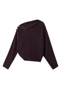 Ciemnofioletowy krótki sweter z jedną długą rękawą, strukturalny design, złożony kołnierz i trzy ozdobne guziki na ramieniu.