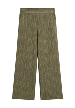 Pantalon large vert olive avec de fines rayures verticales et une large ceinture, présenté sur fond blanc.