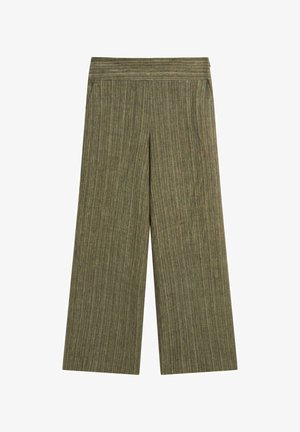 Pantalon large vert olive avec de fines rayures verticales et une large ceinture, présenté sur fond blanc.