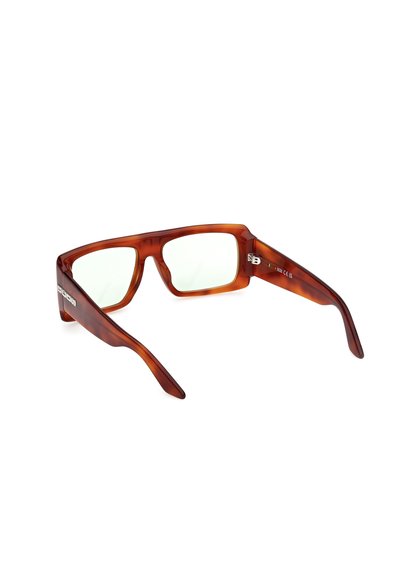 Gafas de sol de acetato marrón con montura rectangular, lentes transparentes y patillas acampanadas con logotipos en el lateral. Textura suave con un acabado brillante.
