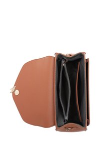 Brown leather handbag with a structured shape, featuring a black interior, multiple compartments, and gold-tone hardware accents.