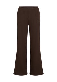 Rjave rebraste hlače s krojem s širokimi nogavicami in elastičnim pasom. Prednja stran ima subtilen logo. Gladek, teksturiran material.