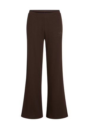 Smešane smeđe hlače od rebrastog materijala sa suženim donjim dijelom i elastičnom rajsferšlusom. Sadržavaju suptilni logo sprijeda. Glatka, teksturirana tkanina.