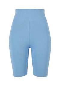 Short cycliste taille haute bleu clair avec un design lisse et sans couture, longueur mi-cuisse.
