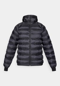 Giacca a vento nera con cappuccio, chiusura con zip e polsini a costine. Realizzata in un materiale lucido e liscio con cuciture orizzontali.