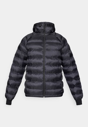 Black puffer jacket with a hood, zip closure, and ribbed cuffs. Made from a shiny, smooth material featuring horizontal stitching.