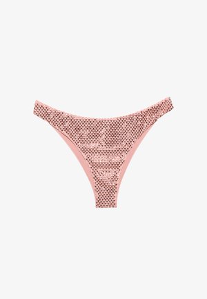 Pink women's bikini bottom with metallic, reflective square embellishments and a high-cut design on a white background.
