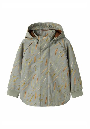 Light gray hooded jacket with elastic cuffs and a wheat stalk print in shades of brown and yellow, zipped front, lined inside.