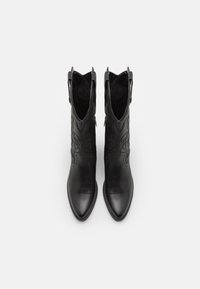 Pár černých kožených cowboyských bot po lýtka s špičatými špičkami a dekorativním prošíváním, zobrazené shora na bílém pozadí.