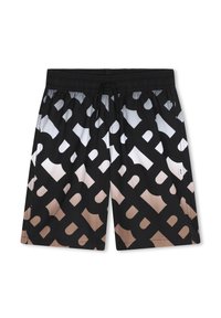 Shorts de bain noirs avec un grand motif de lettres qui se chevauchent dans des teintes de gris clair et de beige. Équipés d'une taille élastique et d'un cordon de serrage.