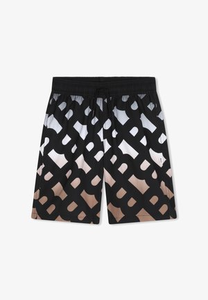 Shorts de bain noirs avec un grand motif de lettres qui se chevauchent dans des teintes de gris clair et de beige. Équipés d'une taille élastique et d'un cordon de serrage.