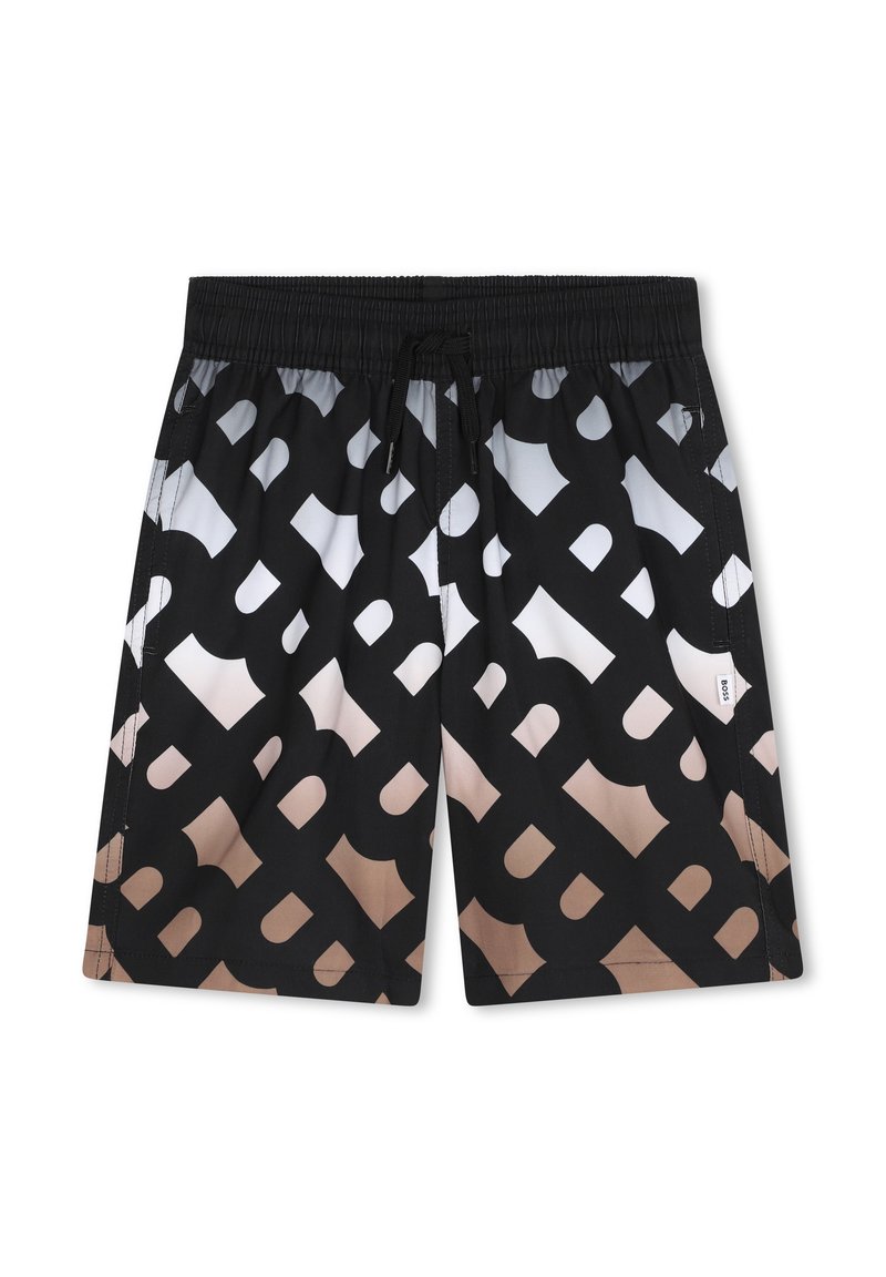 Shorts de bain noirs avec un grand motif de lettres qui se chevauchent dans des teintes de gris clair et de beige. Équipés d'une taille élastique et d'un cordon de serrage.