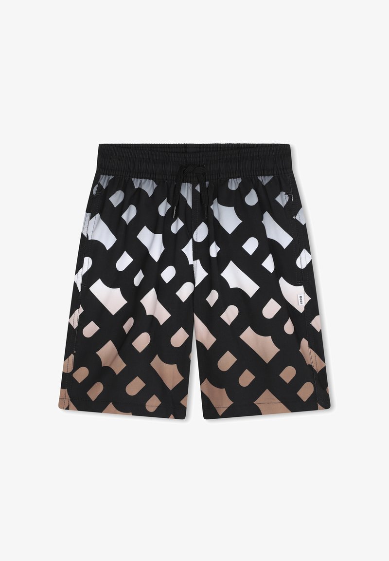 Shorts de bain noirs avec un grand motif de lettres qui se chevauchent dans des teintes de gris clair et de beige. Équipés d'une taille élastique et d'un cordon de serrage.