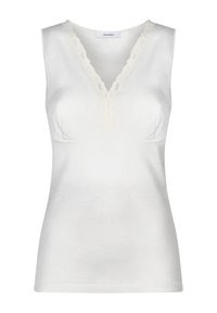 Canotta bianca senza maniche con scollatura a V, con rifiniture in pizzo all' neckline e realizzata in cotone morbido. Forma aderente, senza fantasie o dettagli.