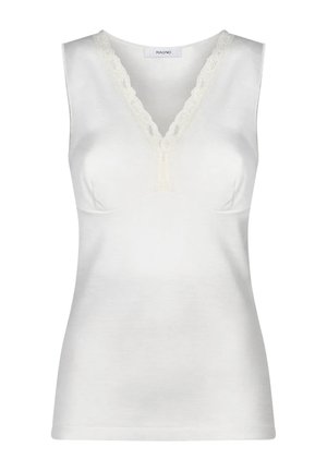 Canotta bianca senza maniche con scollatura a V, con rifiniture in pizzo all' neckline e realizzata in cotone morbido. Forma aderente, senza fantasie o dettagli.