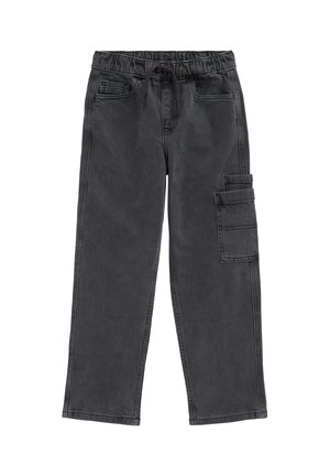Pantalon noir à jambe droite avec taille élastique, cordon, deux poches avant et une grande poche cargo à rabat sur la cuisse droite.