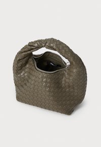 Woven olive green leather handbag with a braided handle, zipper closure, and textured surface. Compact shape with a wide opening.