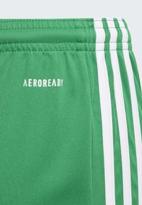 Groene sportieve shorts met witte strepen, gemaakt van gestructureerde stof. Bevat het "AEROREADY" logo op de tailleband.