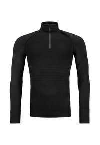 Black long-sleeve top with a high collar and a front zipper. Features textured panels on the shoulders and sleeves for enhanced breathability.