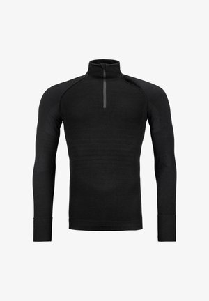Black long-sleeve top with a high collar and a front zipper. Features textured panels on the shoulders and sleeves for enhanced breathability.