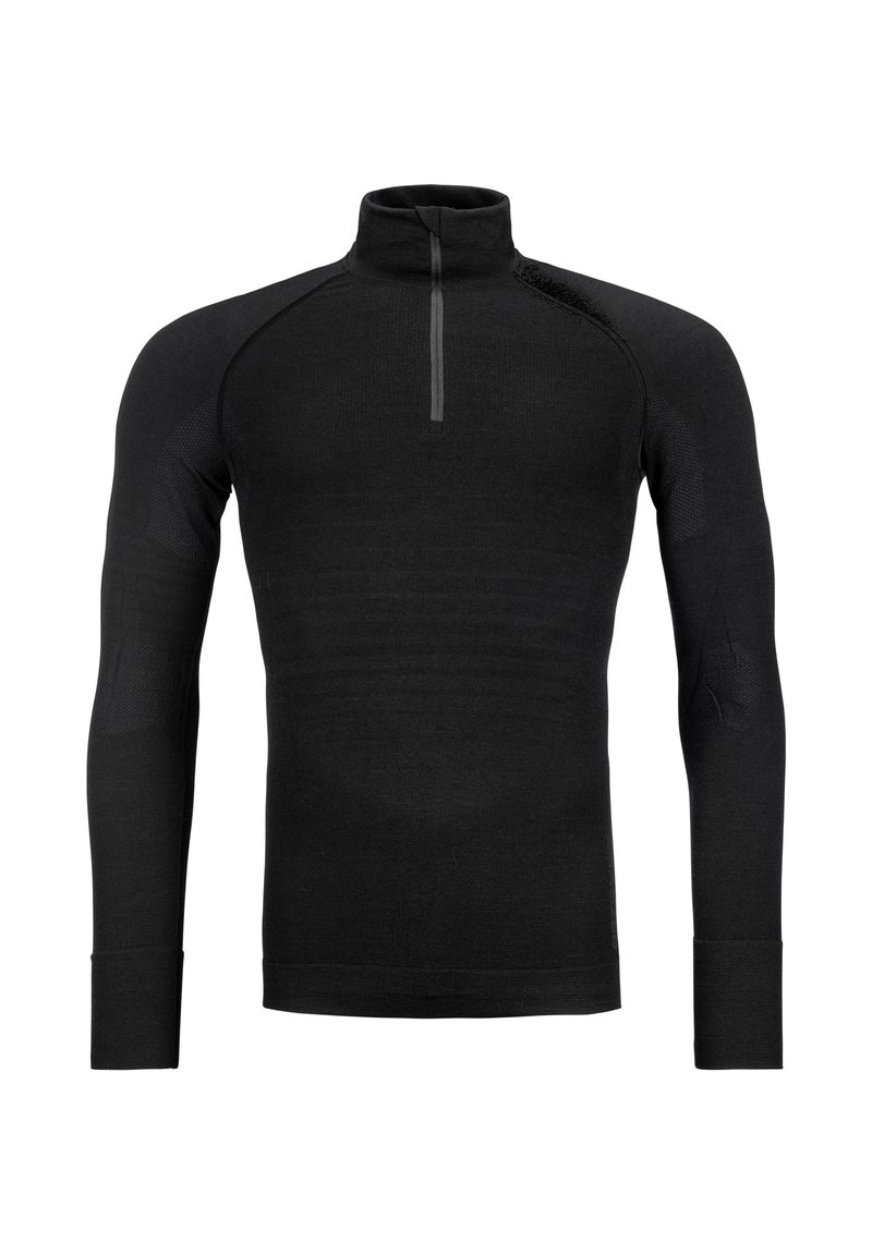 Black long-sleeve top with a high collar and a front zipper. Features textured panels on the shoulders and sleeves for enhanced breathability.