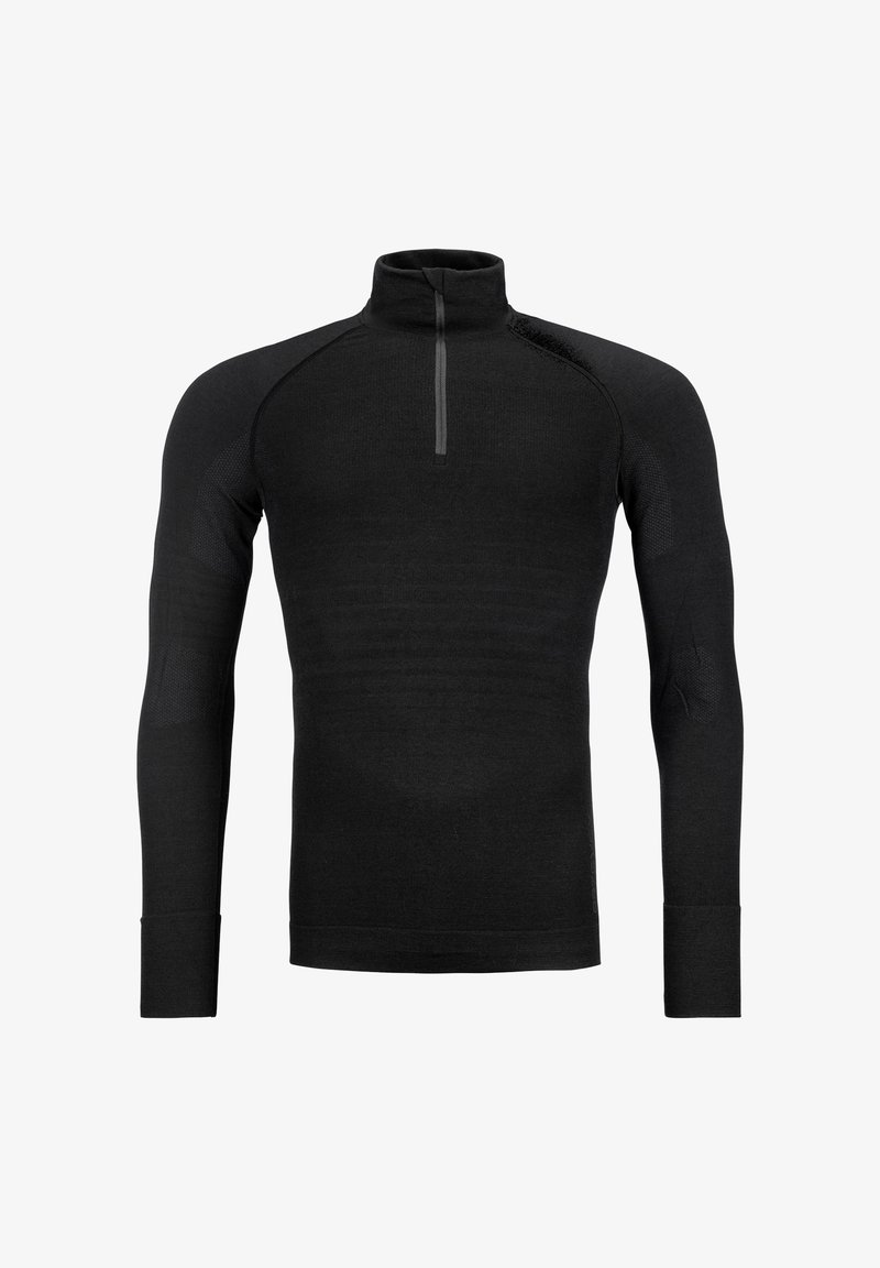 Black long-sleeve top with a high collar and a front zipper. Features textured panels on the shoulders and sleeves for enhanced breathability.