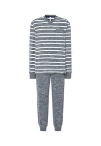 Conjunto de pijama a rayas grises y blancas que incluye una camiseta de manga larga con un bolsillo y pantalones suaves de canalé con puños a juego.