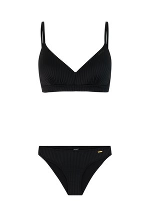 Sort ribbet bikini sæt med en V-hals top med tynde justerbare stropper og matchende lavtaljede trusser med en lille guldfarvet mærke