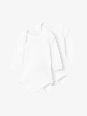 White long-sleeve bodysuits made of soft cotton, featuring round necklines and snap buttons at the bottom for easy dressing.