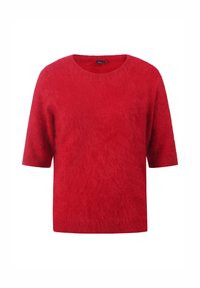 Suéter rojo de mangas cortas, hecho de un material suave y esponjoso, con un escote redondo y un corte holgado. Sin patrones ni hardware visibles.