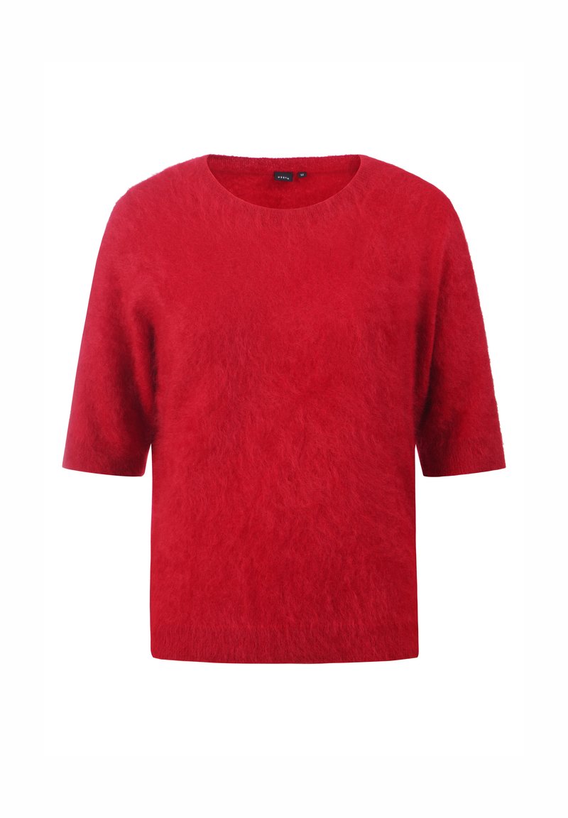 Suéter rojo de mangas cortas, hecho de un material suave y esponjoso, con un escote redondo y un corte holgado. Sin patrones ni hardware visibles.
