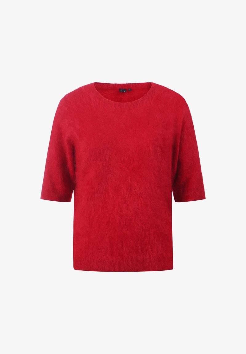 Roter, kurzärmeliger Pullover aus weichem, flauschigem Material mit Rundhalsausschnitt und lockerer Passform. Keine sichtbaren Muster oder Hardware.
