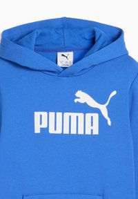Felpa blu brillante con logo Puma bianco e testo sul davanti. Presenta una tasca a marsupio e un cappuccio. Progettata per comfort e abbigliamento casual.