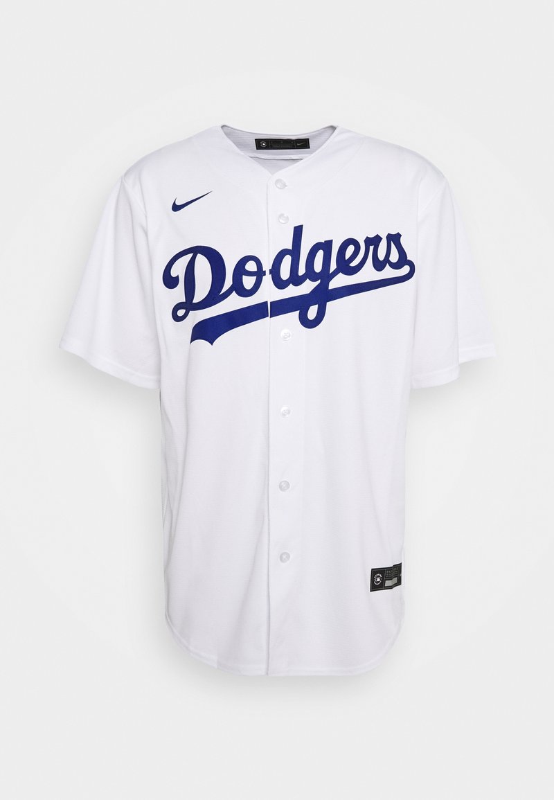 Maillot de baseball blanc à boutons avec écriture "Dodgers" bleu marine et logo Nike sur la poitrine.