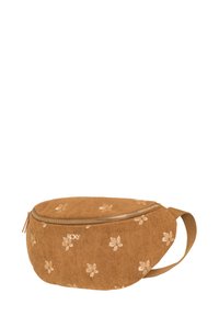 Braune Cordura-Gürteltasche mit floraler Stickerei, Reißverschluss und verstellbarem Riemen. Runde Form mit strukturiertem Stoff und Logodetail.
