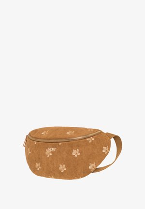 Brown corduroy fanny pack with floral embroidery, zip closure, and adjustable strap. Rounded shape with textured fabric and logo detail.