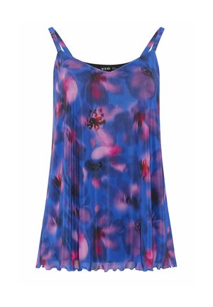 Blaues ärmelloses Kleid mit dünnen Trägern, locker geschnitten und mit einem rosa-lila Blumenmuster versehen.