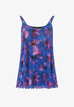 Blaues ärmelloses Kleid mit dünnen Trägern, locker geschnitten und mit einem rosa-lila Blumenmuster versehen.