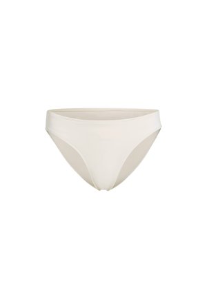 Białe, jednoczęściowe majtki bikini o niskim stanie, z gładką fakturą i minimalistycznym stylem. Bez wzorów ani ozdób.