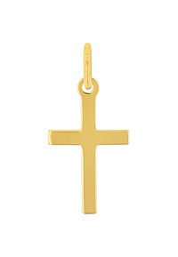 Ciondolo a croce d'oro con superficie liscia e lucidata. Presenta un anello per il fissaggio. Design minimalista, forma rettangolare con proporzioni equilibrate.
