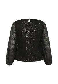 Haut noir à manches longues en tissu transparent, orné de motifs géométriques en sequins, avec un col rond et un petit détail en forme de trou de serrure à l'arrière.