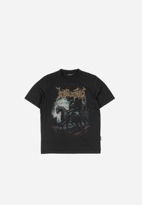 Black cotton t-shirt featuring a front graphic of a knight on horseback in dark tones, accented by brown lettering above. Short sleeves, crew neck.