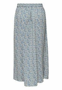 Jupe midi bleu clair avec petit motif floral marine et beige, taille élastique.
