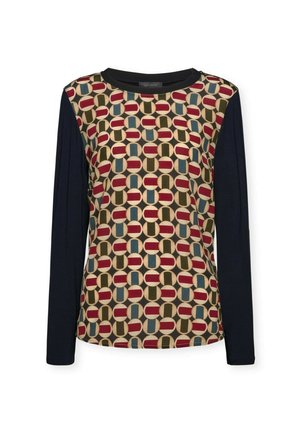 Top a maniche lunghe con fronte decorato da un motivo a cerchi in rosso, teal, verde e beige; maniche in tinta unita blu navy; collo a giro; tessuto misto cotone.