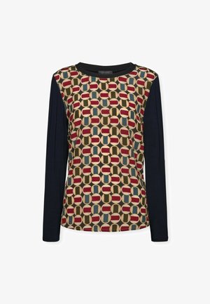 Langemouwen top met een gemusterde voorkant met cirkels in rood, teal, groen en beige; effen marineblauwe mouwen; ronde hals; katoenmix stof.