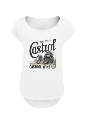 White short-sleeve T-shirt featuring a retro black graphic with the text "Castrol" and "Castrol Wins," illustrated with racing motorcyclists.