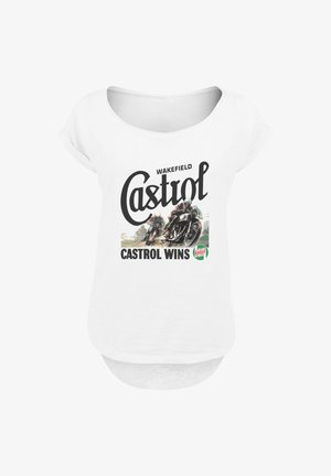 White short-sleeve T-shirt featuring a retro black graphic with the text "Castrol" and "Castrol Wins," illustrated with racing motorcyclists.