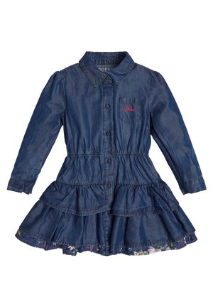 Vestido de mezclilla en azul oscuro con mangas largas, cuello con solapa, botones delanteros y falda con volantes. Presenta un pequeño logo bordado y dobladillo floral.