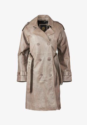 Lichtbruin leren trenchcoat met een dubbelzijdig ontwerp, grote knopen, epauletten op de schouders en riemaccenten op de taille.